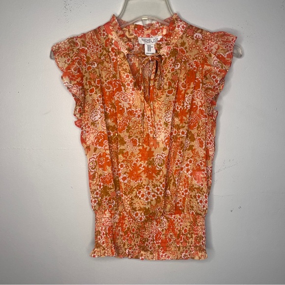 Rachel Zoe Blouse Ruffle Sleeve Floral Print Smocked Waist Tie Neck NWT size XS - Picture 1 of 11